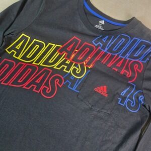 Adidas Kid Long Sleeve Pocket T Shirt Black Multicolor LOGO Graphic Print XL NEW